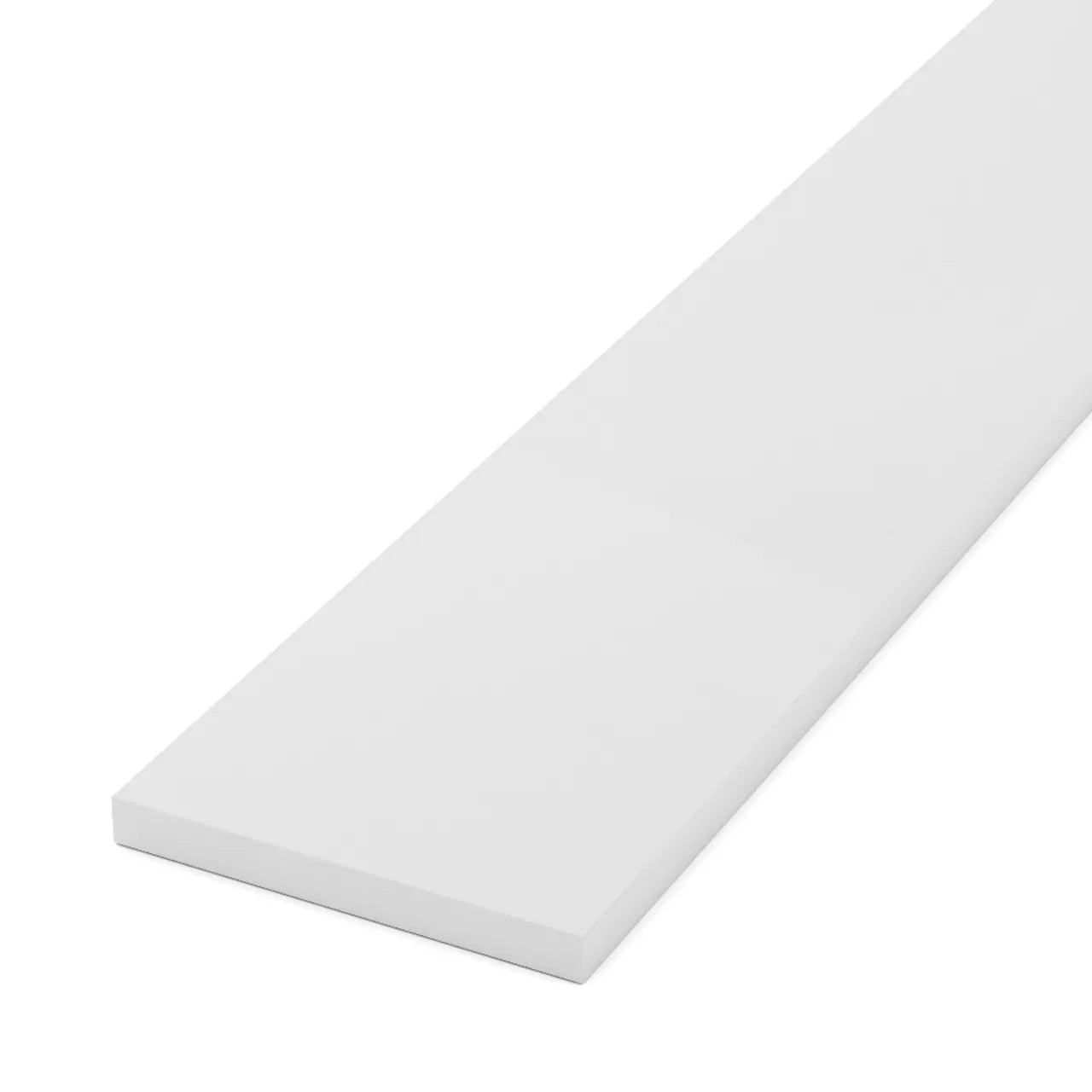 A rectangular white shelf, crafted from Go Build 3/4 in. x 9-1/4 in. x 16 ft. Cellular PVC Trim Board, offers a mold and mildew resistant finish and features smooth edges; shown angled against a white background.